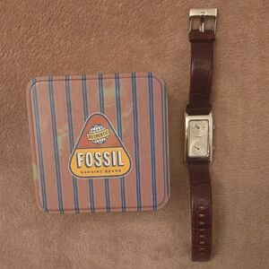 Fossil RARE Silver Dual Dial Watch with Brown Leather Strap